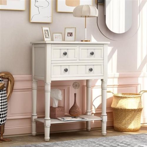 Narrow Console Table, Slim Sofa Table with Three Storage Drawers and Bottom Shelf (Ivory White) Narrow Console Table, Slim Sofa Table with Three Storage Drawers and Bottom Shelf (Ivory White)